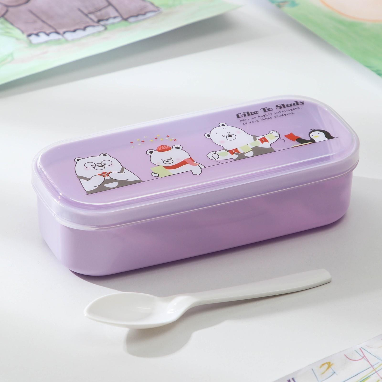 Ланч-бокс пластиковый с ложкой «Мишки», прямоугольный, 18×7×4,5 см, цвет МИКС