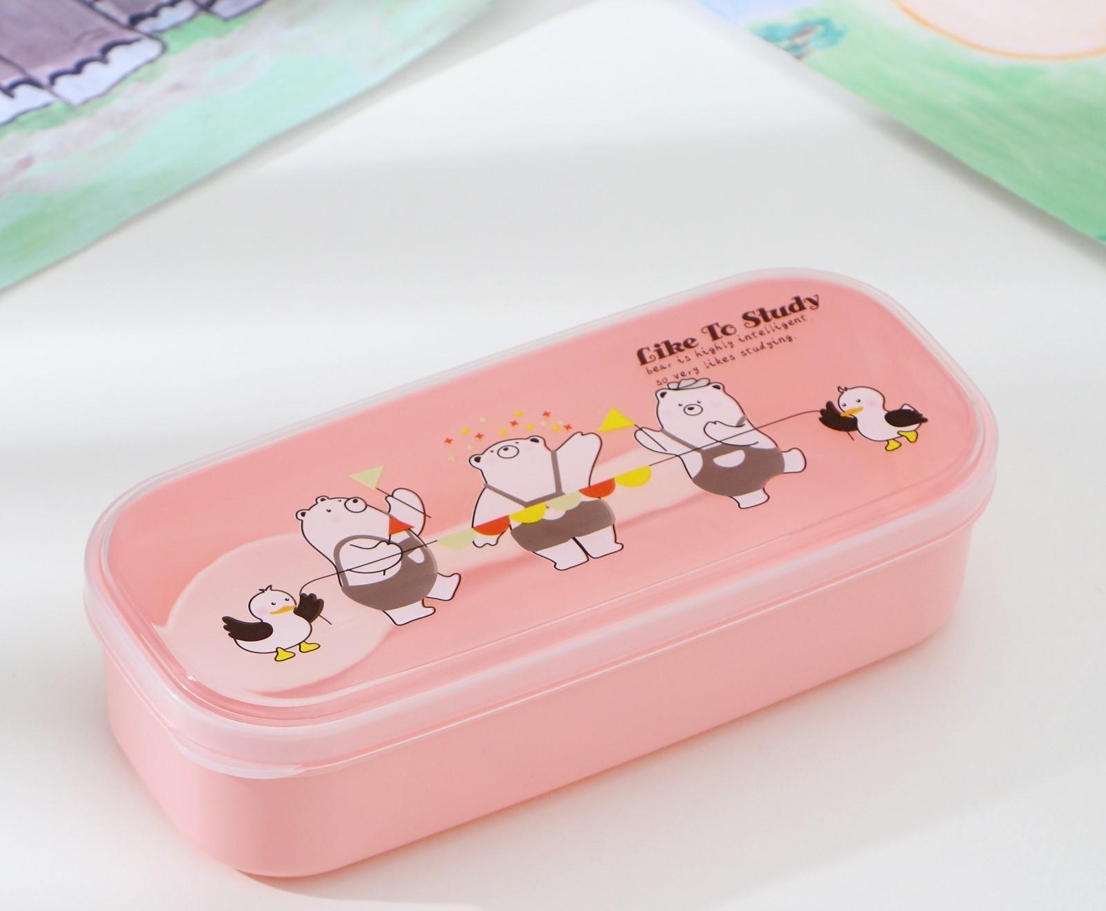 Ланч-бокс пластиковый с ложкой «Мишки», прямоугольный, 18×7×4,5 см, цвет МИКС