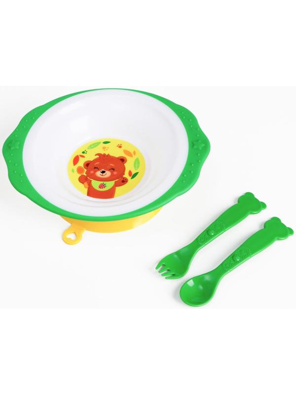 Набор детской посуды «Медвежонок», тарелка на присоске 250мл, вилка, ложка