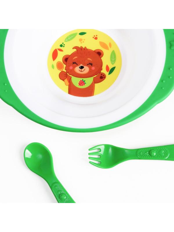 Набор детской посуды «Медвежонок», тарелка на присоске 250мл, вилка, ложка