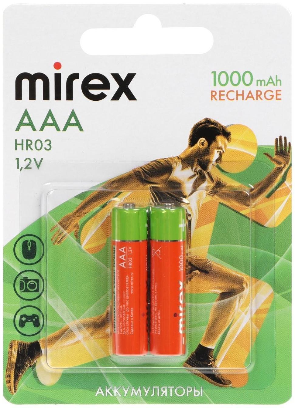 Аккумулятор Mirex, Ni-Mh, AAA, HR03-2BL, 1.2В, 1000 мАч, блистер, 2 шт.