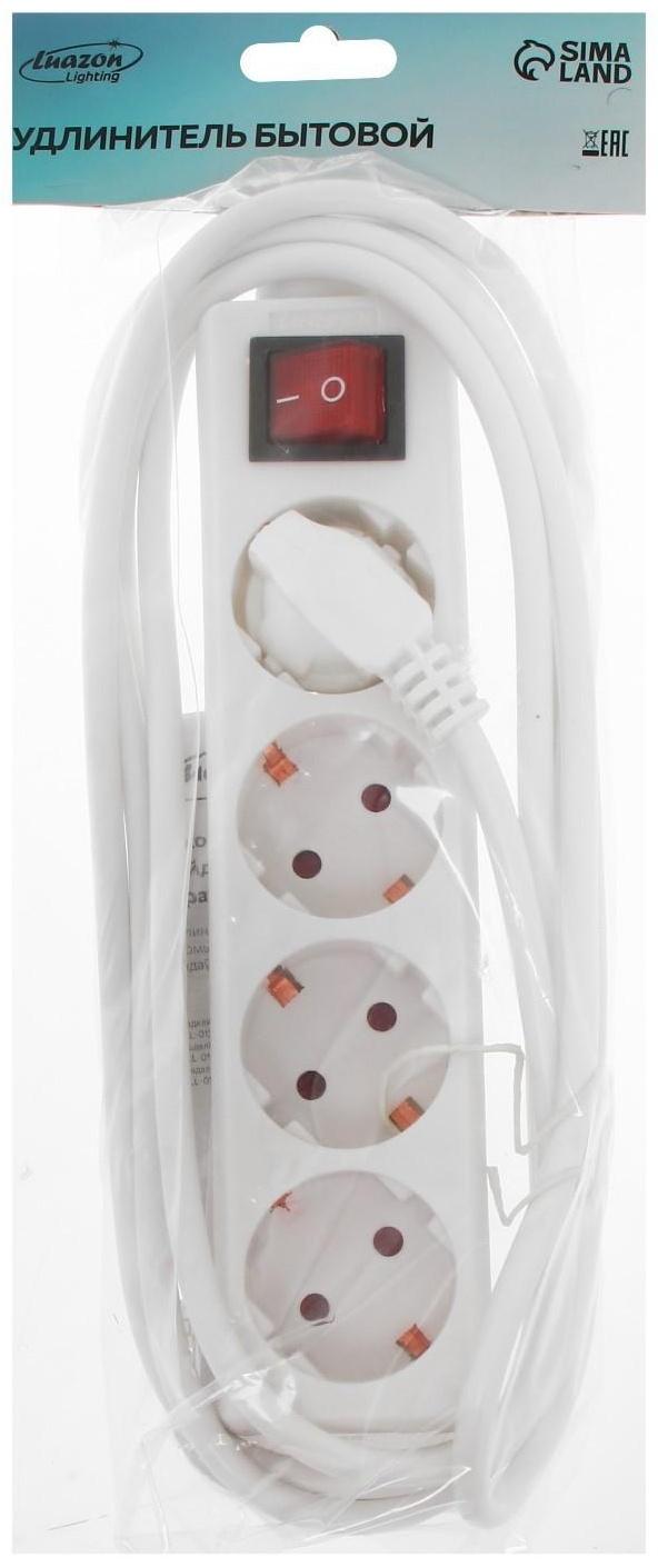 Удлинитель Luazon Lighting, 4 розетки, 3м, 6А,1300 Вт, ПВС 3х0.75 мм2, с з/к, с выкл., Б