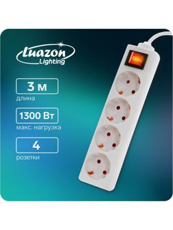 Удлинитель Luazon Lighting, 4 розетки, 3м, 6А,1300 Вт, ПВС 3х0.75 мм2, с з/к, с выкл., Б
