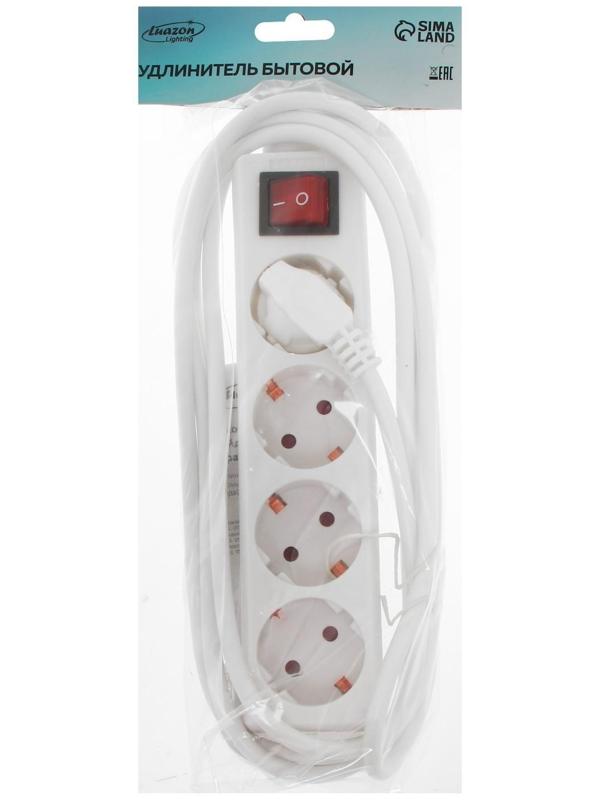 Удлинитель Luazon Lighting, 4 розетки, 3м, 6А,1300 Вт, ПВС 3х0.75 мм2, с з/к, с выкл., Б