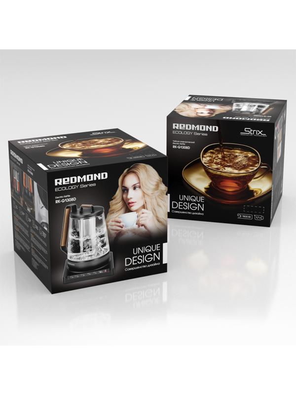 Чайник электрический REDMOND RK-G1308D, стекло, 1.7 л, 1500 Вт, регулировка t°, чёрный