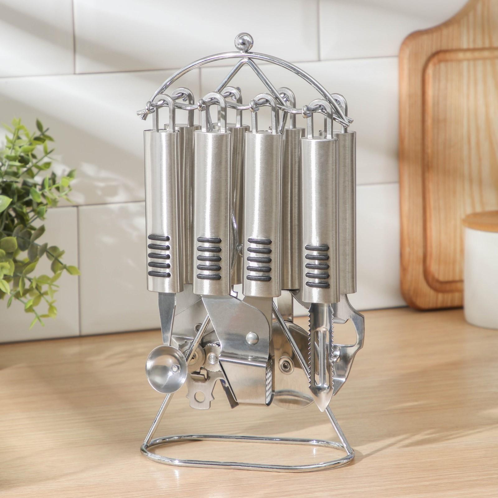 Набор кухонных инструментов «Дигни», 6 предметов, на подставке, цвет серебряный