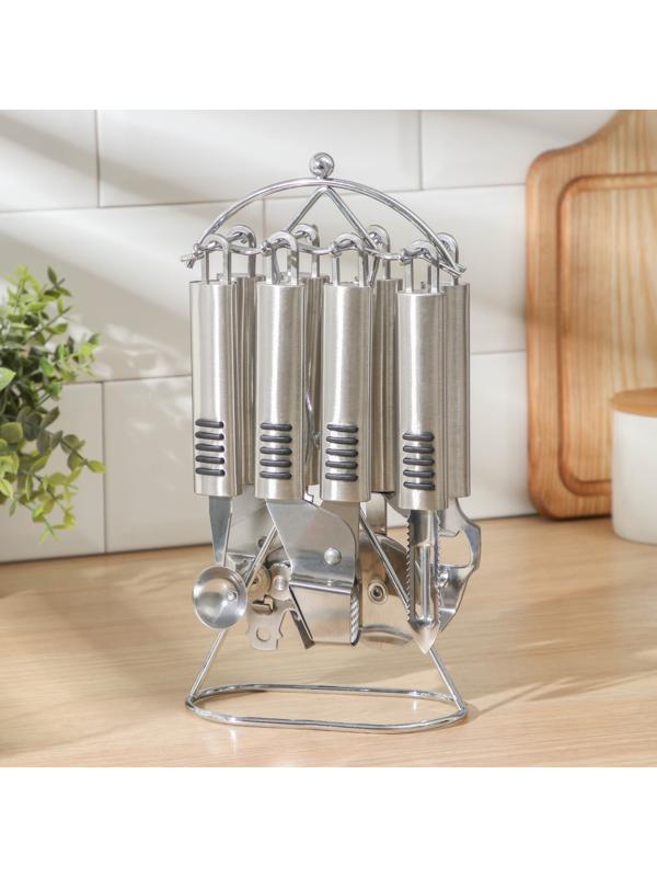 Набор кухонных инструментов «Дигни», 6 предметов, на подставке, цвет серебряный