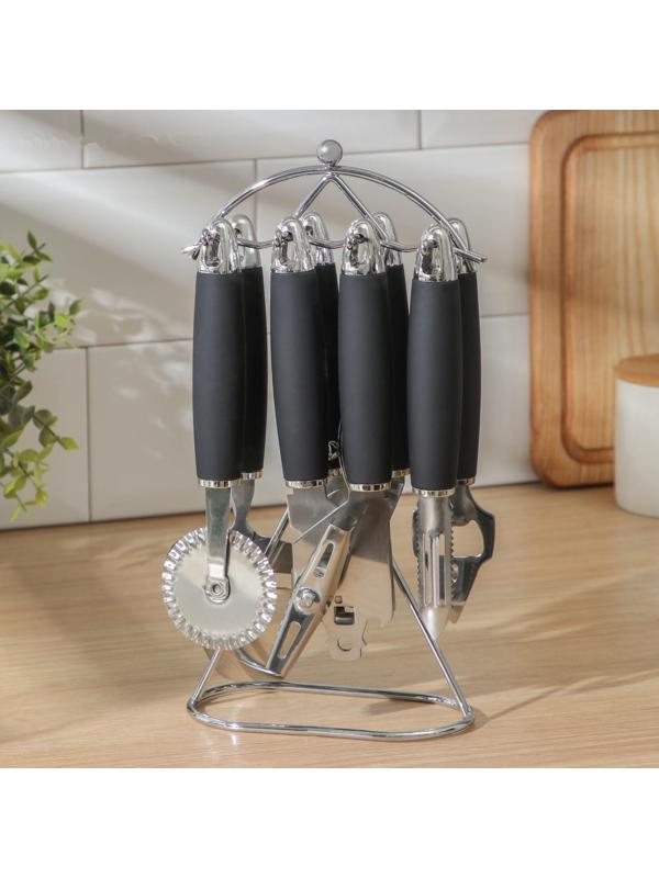 Набор кухонных инструментов «Реми», 6 предметов, на подставке, цвет чёрный