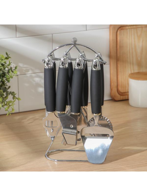 Набор кухонных инструментов «Реми», 6 предметов, на подставке, цвет чёрный