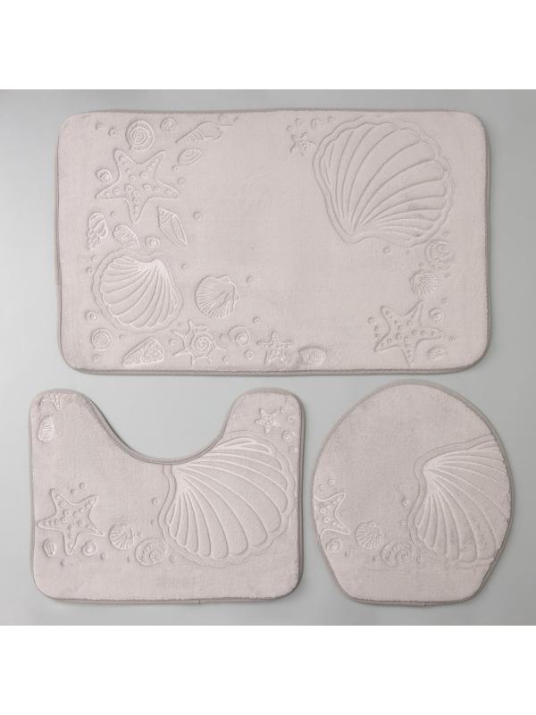 Набор ковриков для ванной и туалета Доляна «Морское дно», 3 шт: 50×80, 50×40, 38×43 см, цвет серый