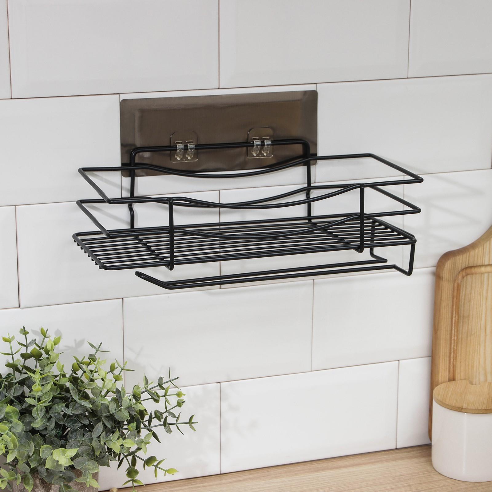 Полка на липучке Доляна, с держателем для полотенец, 30×13×10 см, цвет чёрный