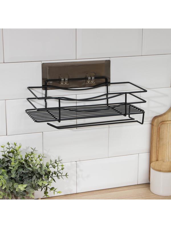 Полка на липучке Доляна, с держателем для полотенец, 30×13×10 см, цвет чёрный