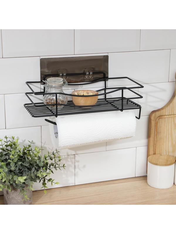 Полка на липучке Доляна, с держателем для полотенец, 30×13×10 см, цвет чёрный