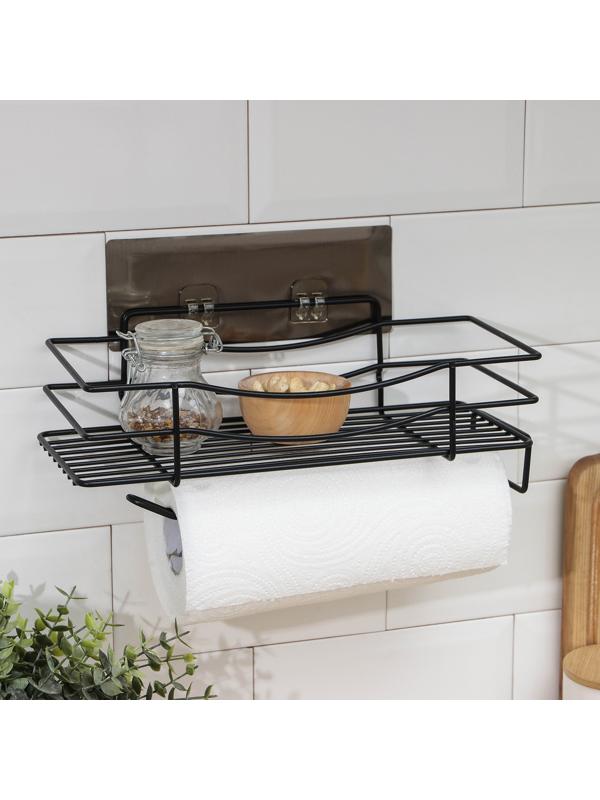 Полка на липучке Доляна, с держателем для полотенец, 30×13×10 см, цвет чёрный