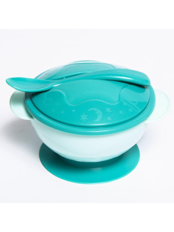 Набор для кормления: миска на присоске с крышкой, ложка, 400 мл., цвет бирюзовый