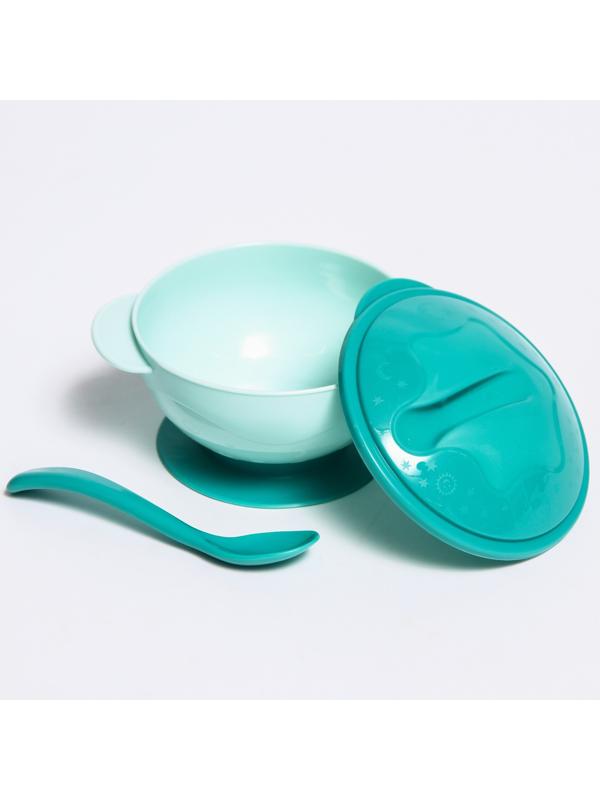 Набор для кормления: миска на присоске с крышкой, ложка, 400 мл., цвет бирюзовый