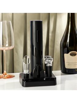 Набор для бара Opra black, 5 предметов: штопор электрический, каплеуловитель, пробка, нож для обрезания фольги