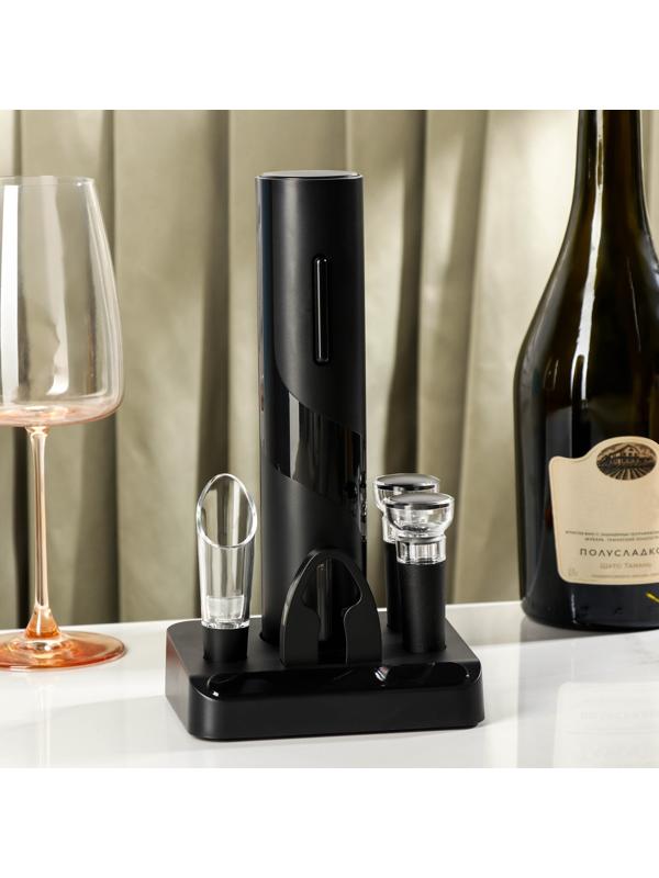 Набор для бара Opra black, 5 предметов: штопор электрический, каплеуловитель, пробка, нож для обрезания фольги