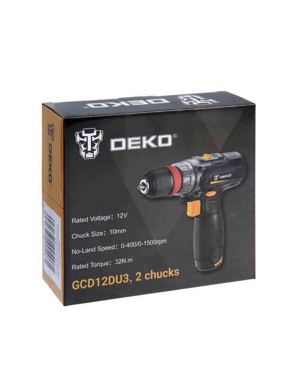 Дрель-шуруповерт DEKO GCD12DU3, съемный патрон, 12 В, Li-Ion, 32 Нм, 1.5 Ач, 400/1500 об/мин