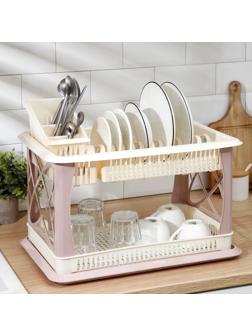 Сушилка для посуды 2-х ярусная, с сушилкой для столовых приборов, цвет шампань