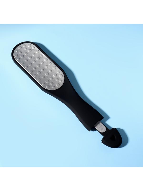 Тёрка для ног, лазерная, двусторонняя, с пилкой, прорезиненная ручка, 25,5 см, цвет чёрный