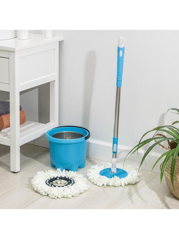 Швабра с отжимом и ведро: ведро с металлической центрифугой 7,2 л, швабра с телескопическим черенком 76-105 см, запасная насадка из микрофибры, цвет МИКС