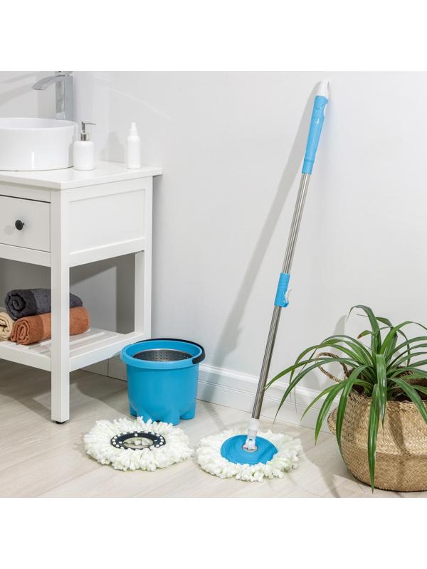 Швабра с отжимом и ведро: ведро с металлической центрифугой 7,2 л, швабра с телескопическим черенком 76-105 см, запасная насадка из микрофибры, цвет МИКС