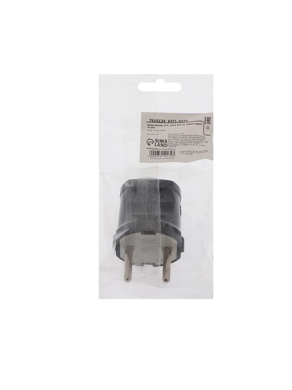 Вилка прямая, 10 А, 250 В, без з/к, черная