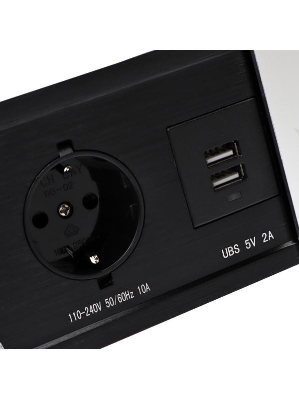Блок розеточный в стол, сдвижная крышка, 10А, 2 розетки, 2xUSB, 2A, провод 1.8 м, серебр.