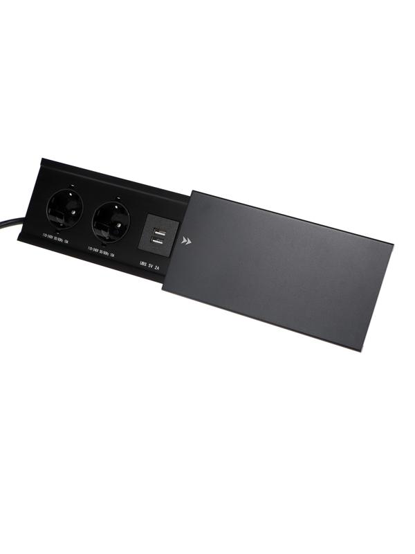 Блок розеточный в стол, сдвижная крышка, 10А, 2 розетки, 2xUSB, 2A, провод 1.8 м, черный