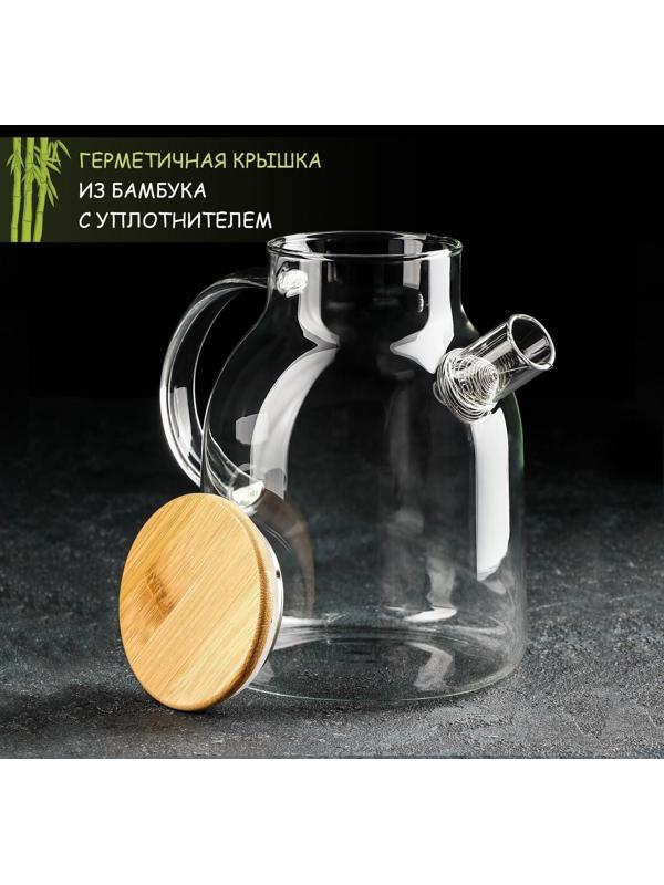 Чайник стеклянный заварочный с бамбуковой крышкой и металлическим фильтром Magistro «Эко», 1,8 л