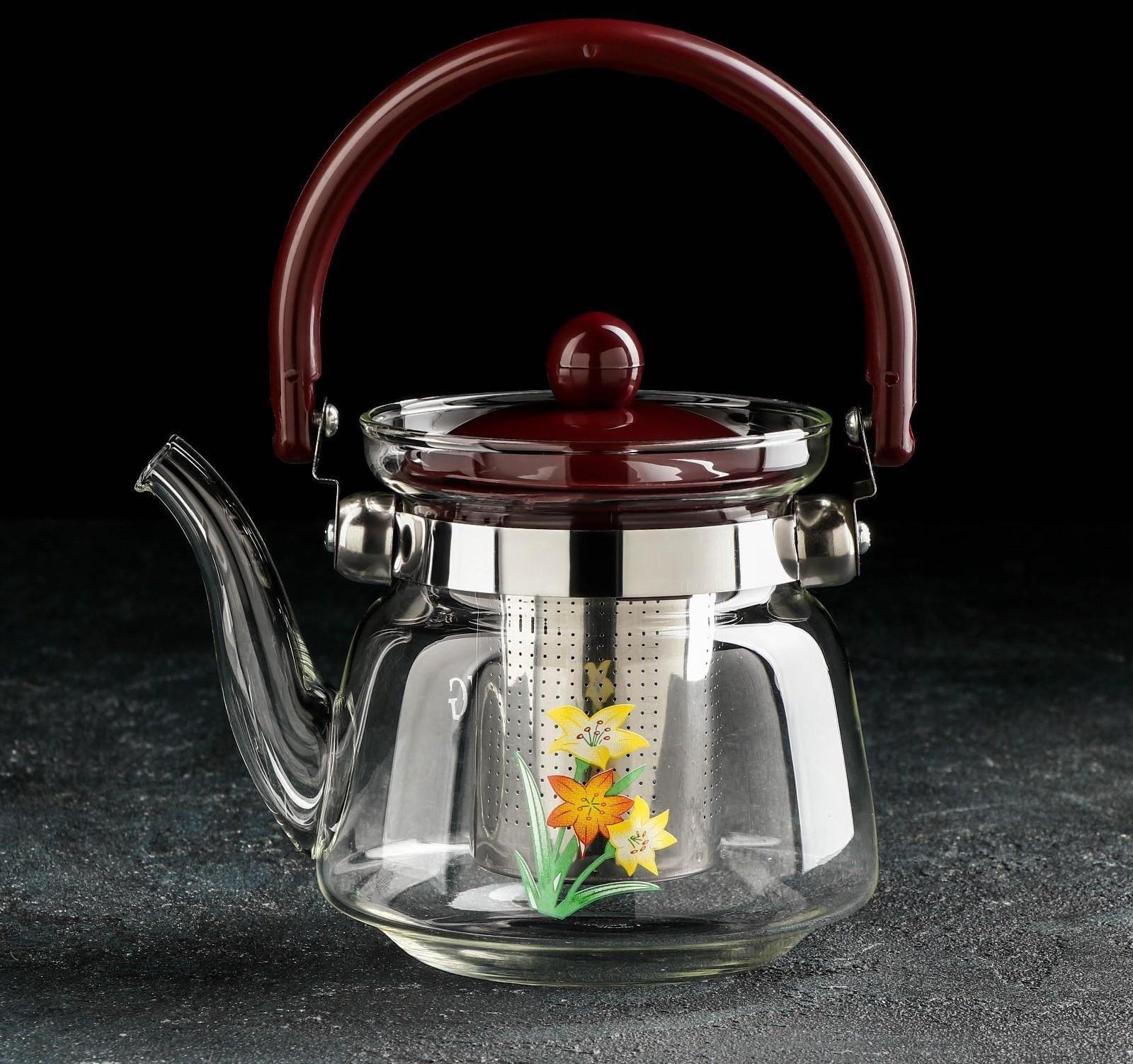 Чайник стеклянный заварочный с металлическим ситом Доляна «Цветочная фантазия», 600 мл