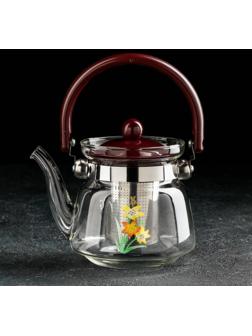 Чайник стеклянный заварочный с металлическим ситом Доляна «Цветочная фантазия», 600 мл