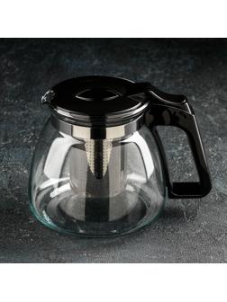 Чайник стеклянный заварочный Доляна «Иллюзия», 900 мл, с металлическим ситом, цвет чёрный