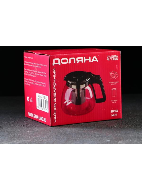 Чайник стеклянный заварочный Доляна «Иллюзия», 900 мл, с металлическим ситом, цвет чёрный