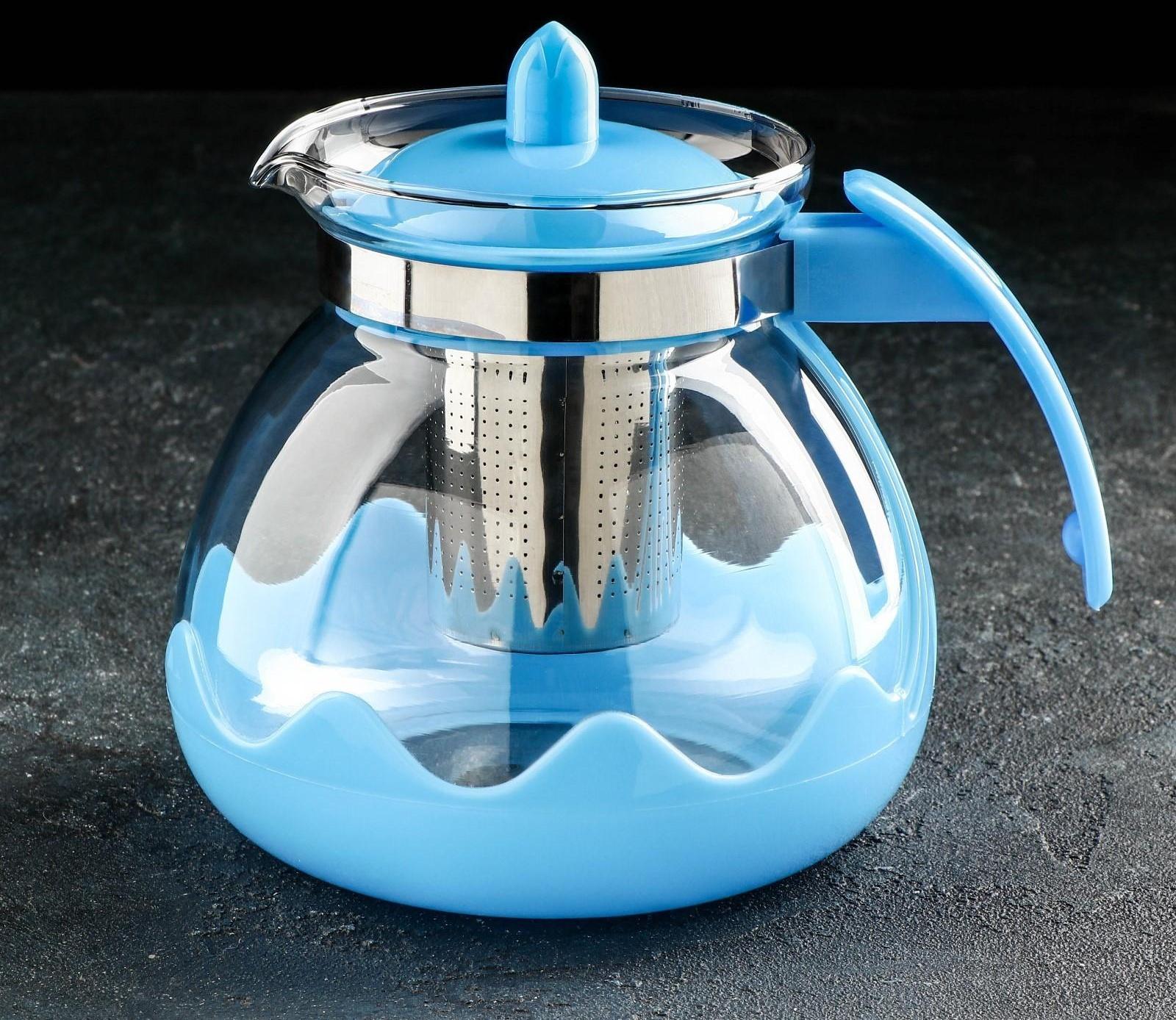 Чайник стеклянный заварочный Доляна «Волна», 1,5 л, с металлическим ситом, цвет голубой