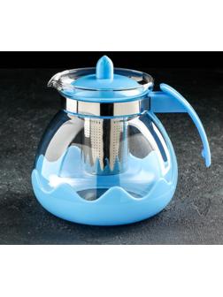 Чайник стеклянный заварочный Доляна «Волна», 1,5 л, с металлическим ситом, цвет голубой