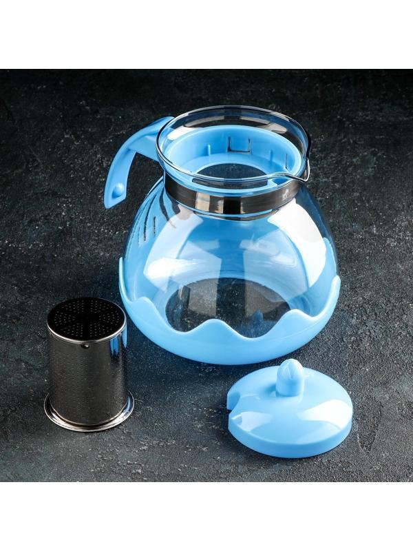 Чайник стеклянный заварочный Доляна «Волна», 1,5 л, с металлическим ситом, цвет голубой