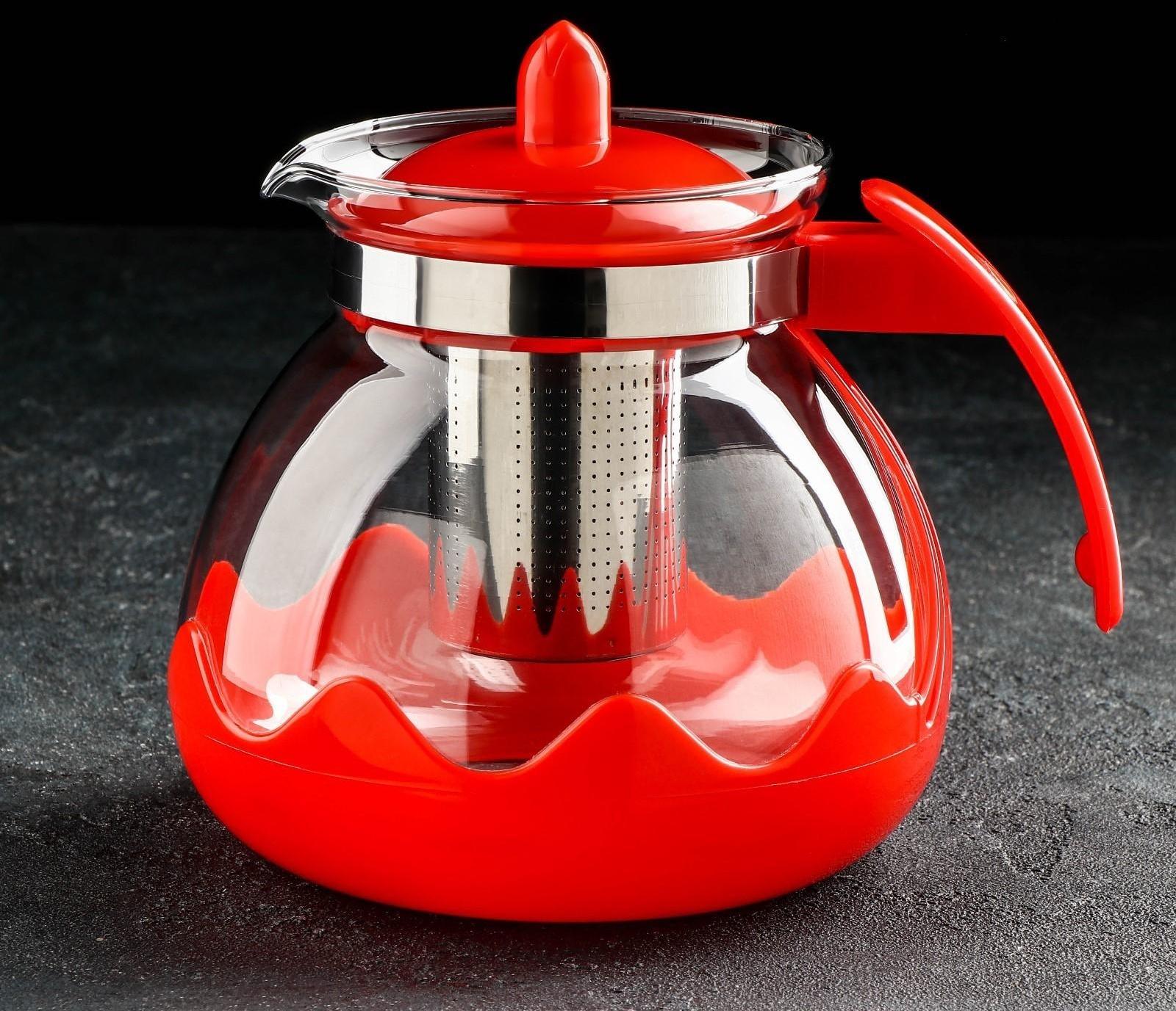 Чайник стеклянный заварочный Доляна «Волна», 1,5 л, с металлическим ситом, цвет красный