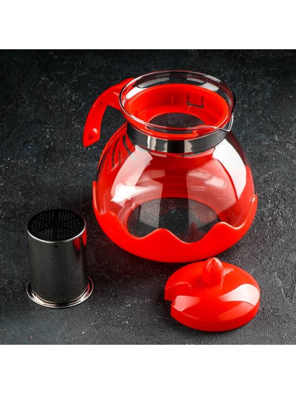 Чайник стеклянный заварочный Доляна «Волна», 1,5 л, с металлическим ситом, цвет красный