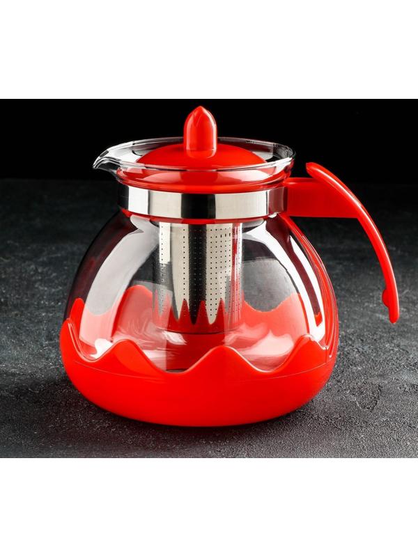 Чайник стеклянный заварочный Доляна «Волна», 1,5 л, с металлическим ситом, цвет красный