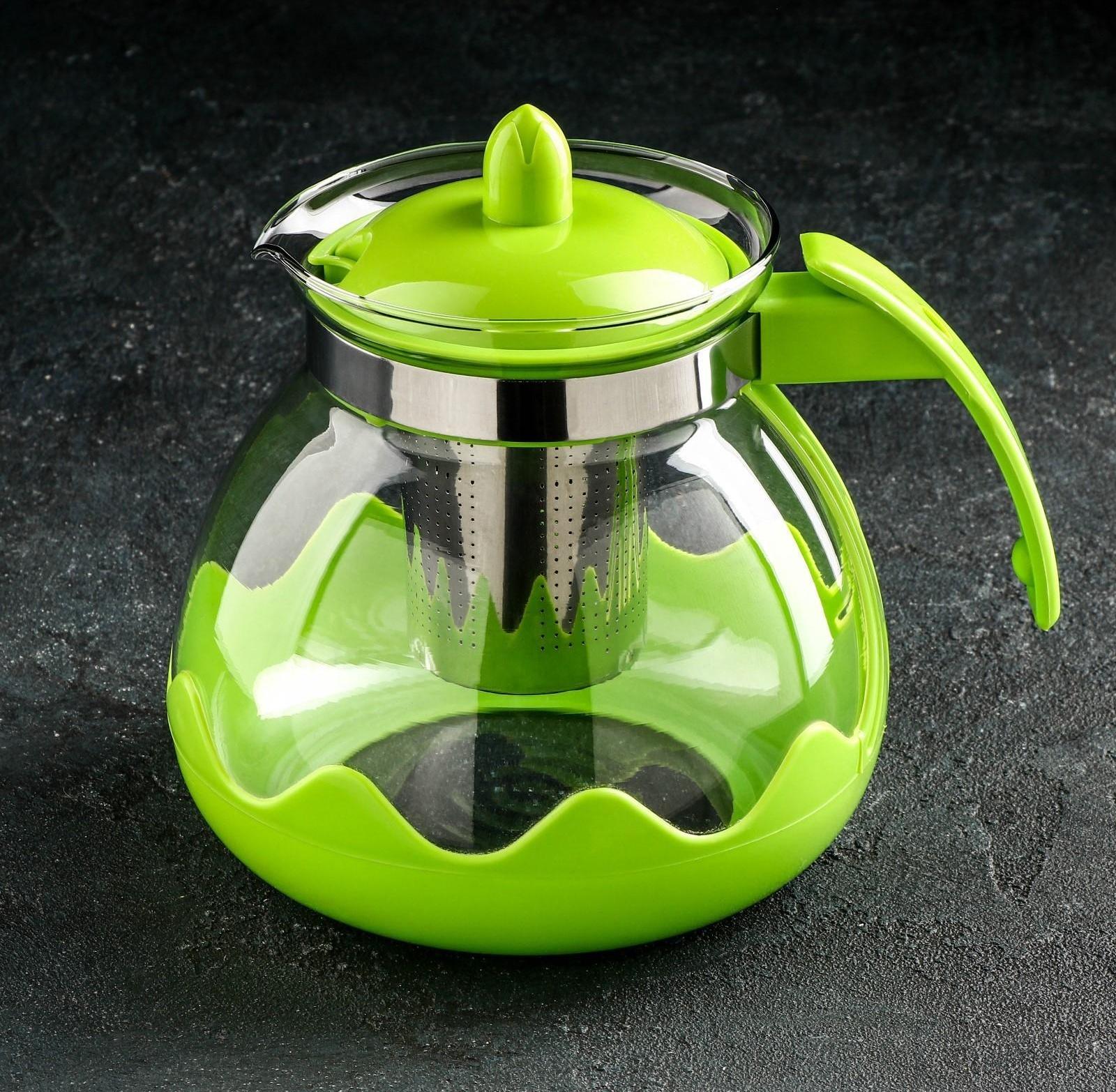 Чайник стеклянный заварочный Доляна «Волна», 1,5 л, с металлическим ситом, цвет зелёный