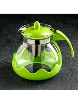 Чайник стеклянный заварочный Доляна «Волна», 1,5 л, с металлическим ситом, цвет зелёный