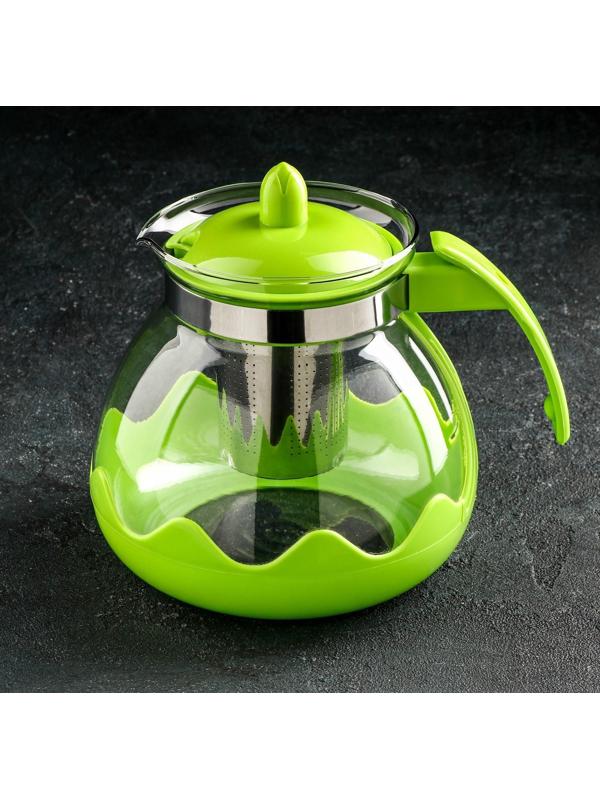 Чайник стеклянный заварочный Доляна «Волна», 1,5 л, с металлическим ситом, цвет зелёный