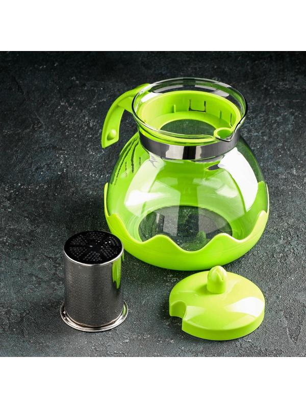 Чайник стеклянный заварочный Доляна «Волна», 1,5 л, с металлическим ситом, цвет зелёный