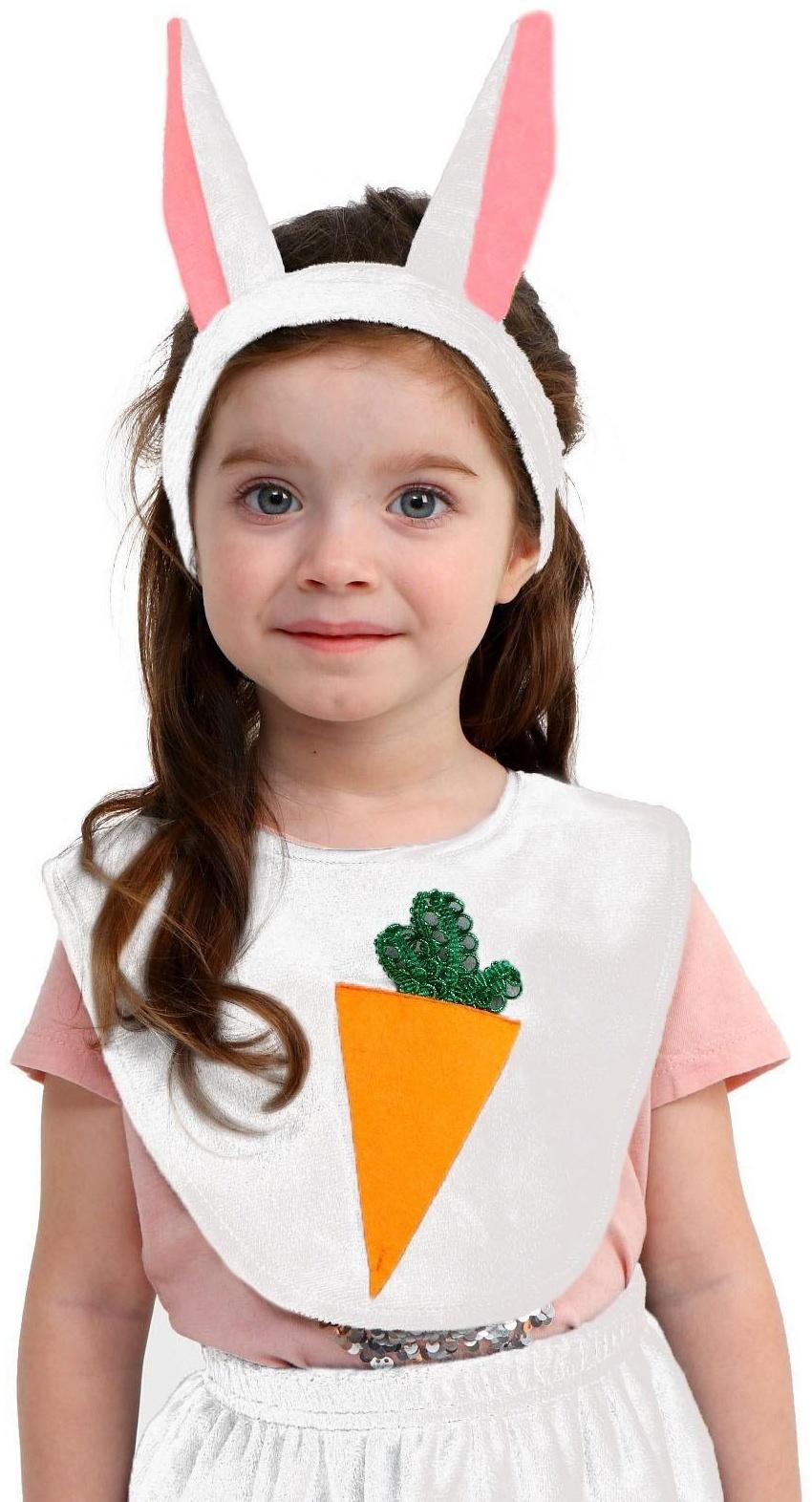 Карнавальный набор «Зайка белый», плюш, манишка с морковкой, хвост, головной убор, рост 98-128 см