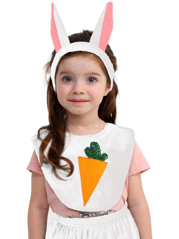 Карнавальный набор «Зайка белый», плюш, манишка с морковкой, хвост, головной убор, рост 98-128 см