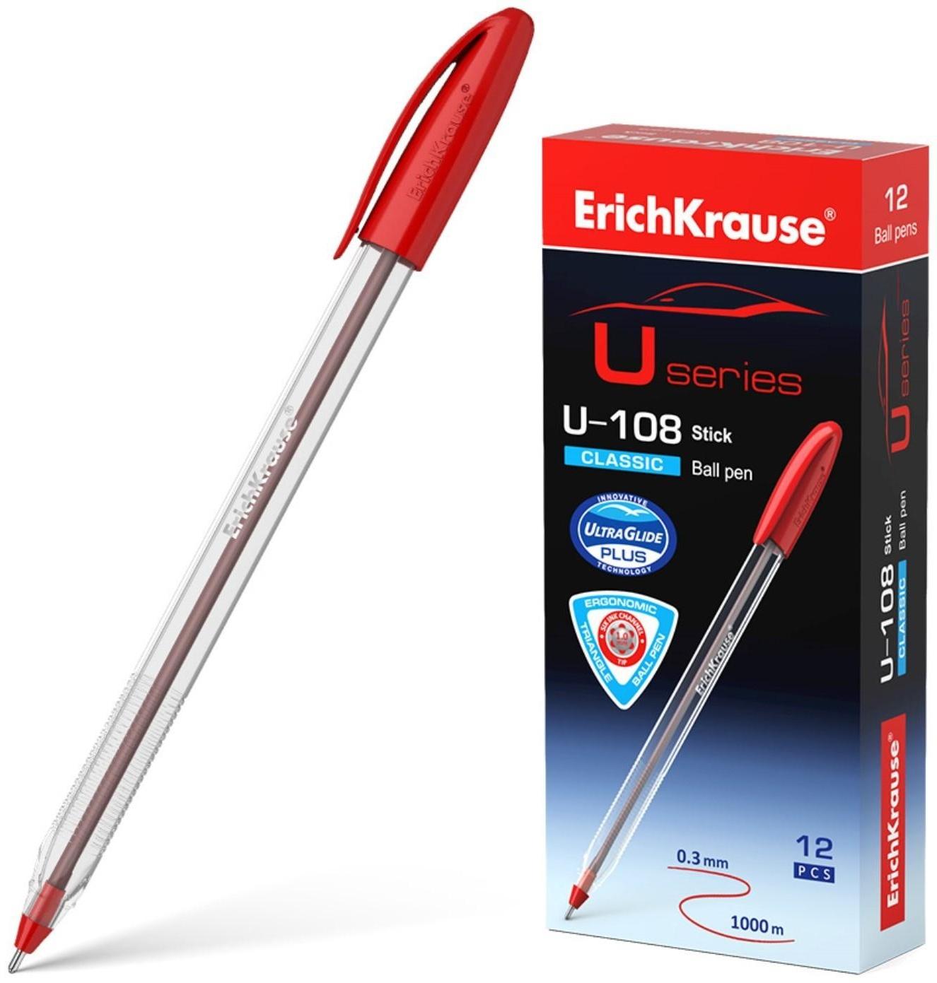 Ручка шариковая ErichKrause U-108 Classic Stick 1.0, Ultra Glide Technology, красная