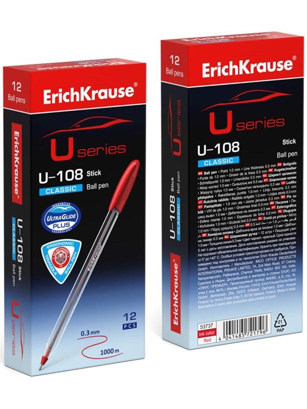 Ручка шариковая ErichKrause U-108 Classic Stick 1.0, Ultra Glide Technology, красная