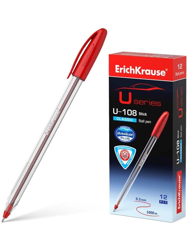 Ручка шариковая ErichKrause U-108 Classic Stick 1.0, Ultra Glide Technology, красная